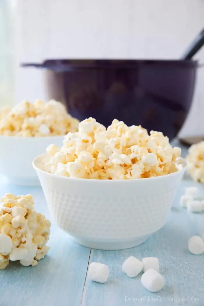 Marshmallow Popcorn is easy to make and can be eaten plain or shaped into popcorn balls.