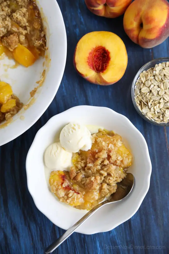 This easy peach crisp recipe (aka peach crumble) is loaded with fresh, juicy peaches topped with a generous helping of buttery brown sugar and oat streusel. Enjoy it warm with a scoop of vanilla ice cream.