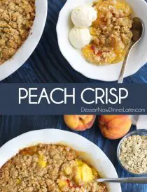 This easy peach crisp recipe (aka peach crumble) is loaded with fresh, juicy peaches topped with a generous helping of buttery brown sugar and oat streusel. Enjoy it with warm with a scoop of vanilla ice cream.