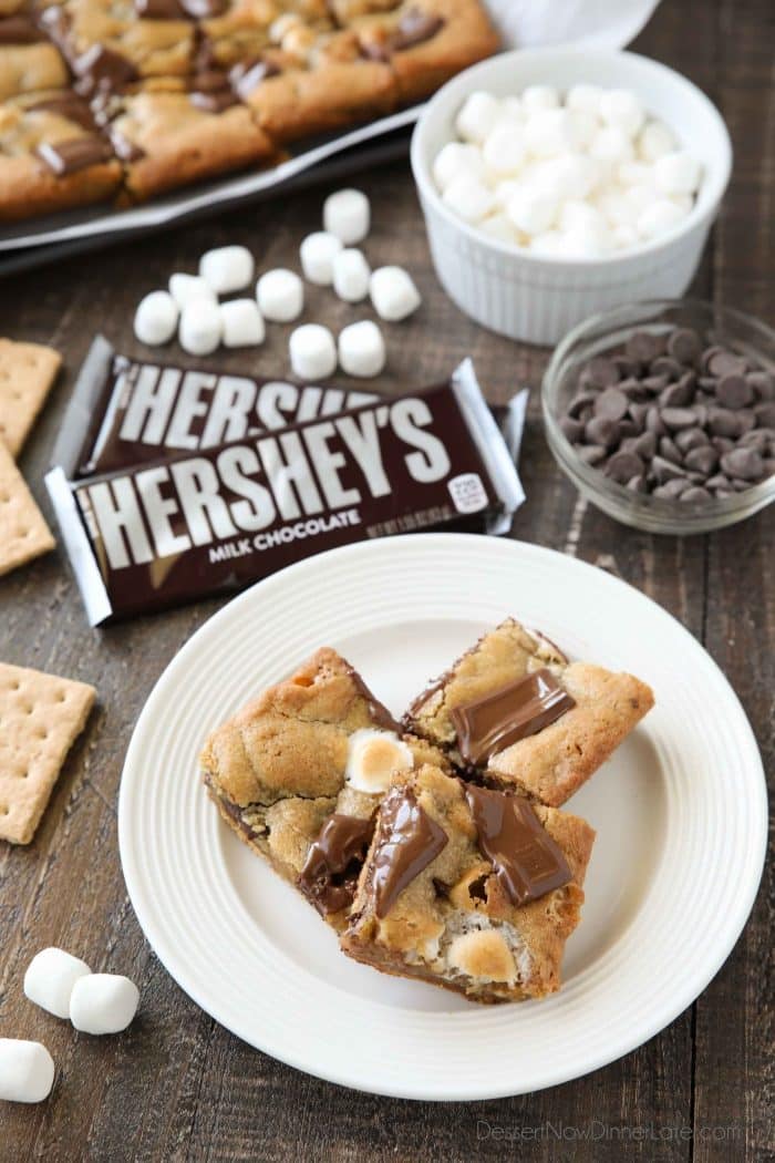 Graham crackers, mini marshmallows, and Hershey's chocolate bars transform these cookie bars into a s'mores treat.