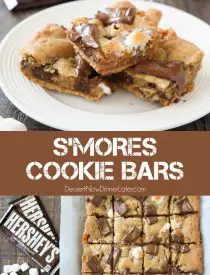 S'mores Cookie Bars are layered with graham crackers, cookie dough with marshmallows, and topped with chocolate bar pieces. It's an ooey gooey melty chocolate s'mores treat!