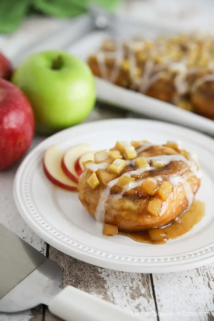 Caramel Apple Cinnamon Rolls are a twist on caramel pecan rolls, with fresh apples instead of nuts. They’re made easy with frozen cinnamon rolls so half the work is done for you! A great breakfast or dessert in the Fall, on holidays, or the weekend.