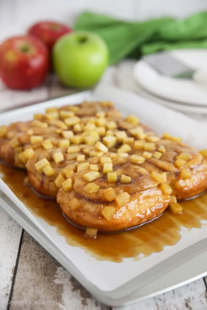 Caramel Apple Cinnamon Rolls are like pecan sticky buns with a gooey caramel sauce that bakes on bottom and covers the top when inverted.