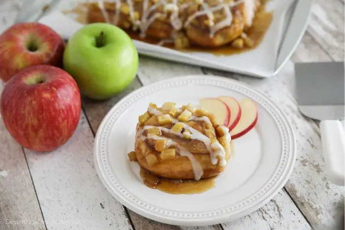 Easy Caramel Apple Cinnamon Rolls use pre-made frozen cinnamon rolls with the addition of fresh apples and a quick caramel sauce.