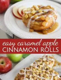 Caramel Apple Cinnamon Rolls are a twist on caramel pecan rolls, with fresh apples instead of nuts. They’re made easy with frozen cinnamon rolls so half the work is done for you! A great breakfast or dessert in the Fall, on holidays, or the weekend.