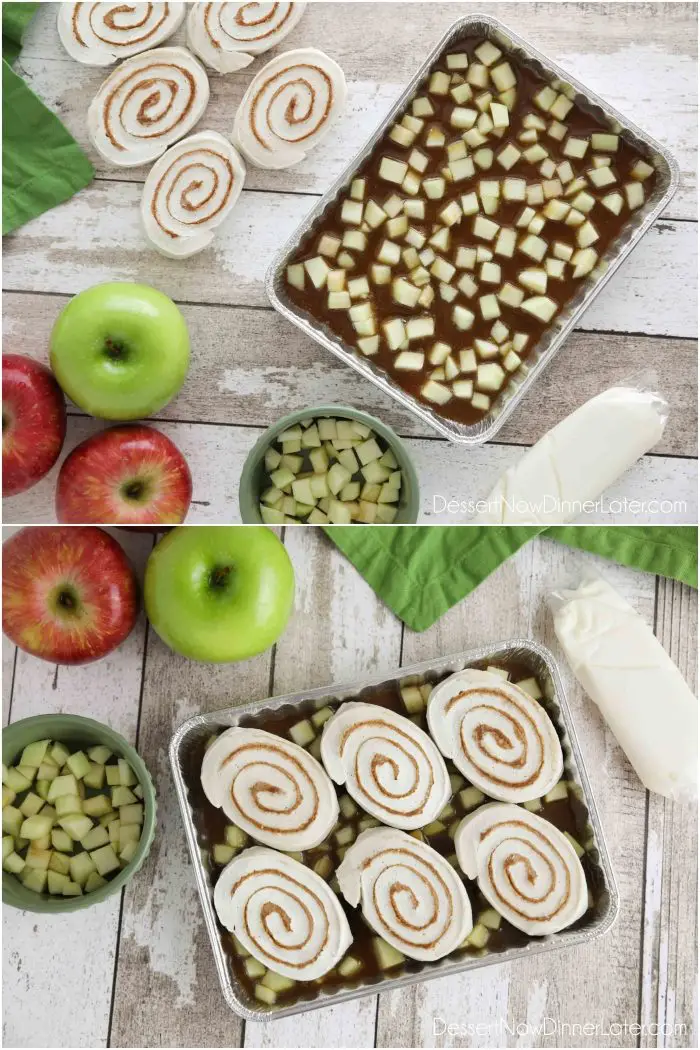 How to make Easy Caramel Apple Cinnamon Rolls: Place homemade caramel sauce in bottom of pan. Sprinkle with fresh diced apples. Place frozen cinnamon rolls on top. Then bake.
