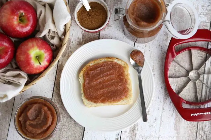 Apple butter is thicker than applesauce with a rich caramelized flavor and warm fragrant spices. It's used as a spread, topping, or snack.