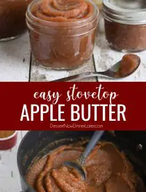 Apple butter is thicker than applesauce with a rich caramelized flavor and warm fragrant spices. It's used as a spread, topping, or snack. This homemade apple butter recipe is easy to make from scratch on the stovetop in as little as two hours.
