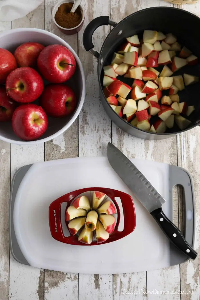 How to make apple butter: Remove the apple core and cut into chunks. Peeling the apples is optional.