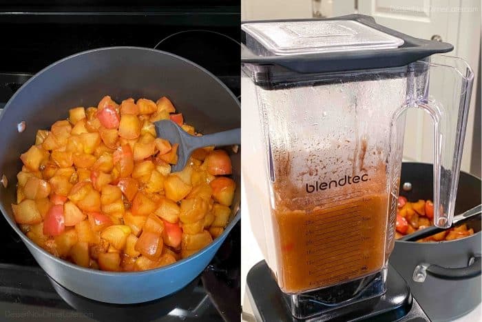 How to make apple butter: Cook apples until very soft. Blend smooth and cook again until a deep brown color and super thick texture.