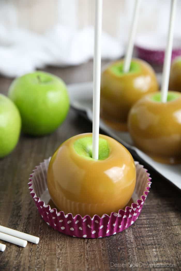 Homemade Caramel Apples are pretty and a fun activity to make in the fall.