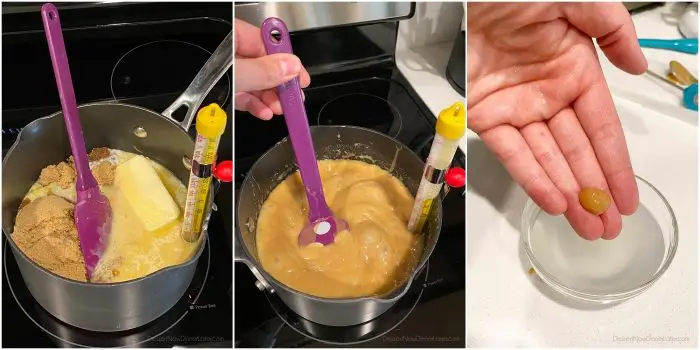 Homemade Caramel for dipping apples must reach soft ball stage. Check by spooning some into cold water and forming a ball.