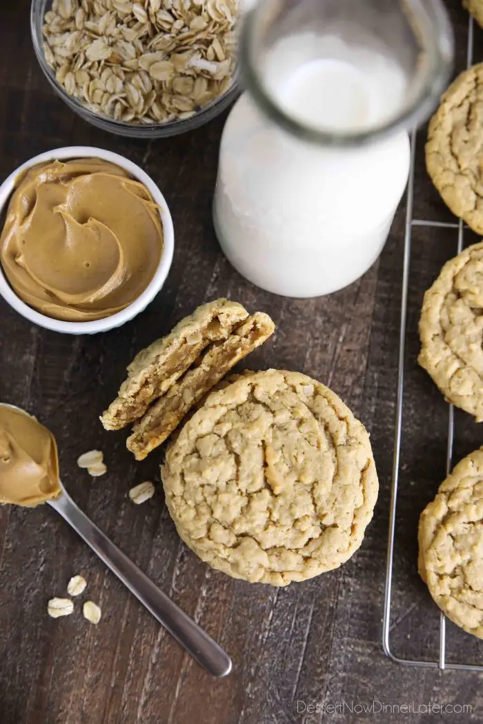 Oatmeal peanut butter cookies are thick and chewy.