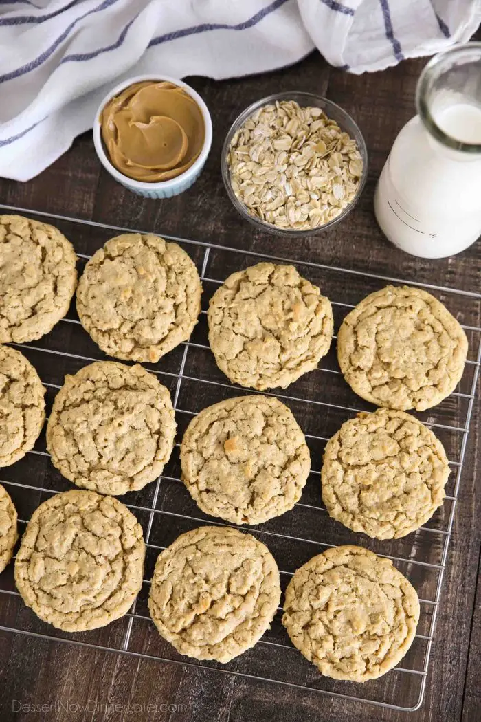 Peanut butter oatmeal cookies cooling on wire rack.