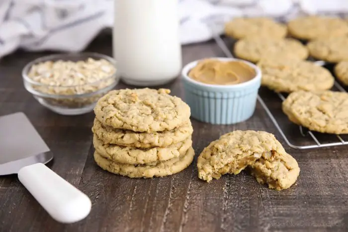 Soft and chewy peanut butter oatmeal cookies are crisp on the outside, soft on the inside, and full of chewy old fashioned oats and creamy peanut butter. An easy, hearty cookie made with pantry ingredients.