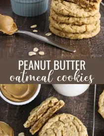 Soft and chewy peanut butter oatmeal cookies are crisp on the outside, soft on the inside, and full of chewy old fashioned oats and creamy peanut butter. An easy, hearty cookie made with pantry ingredients.