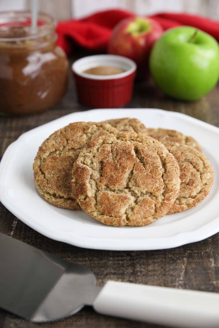 Close up side view of crinkle cookies on a plate.