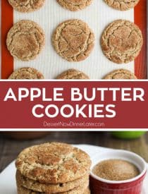 Collage image of apple butter cookies on a sheet tray and stacked on a plate.