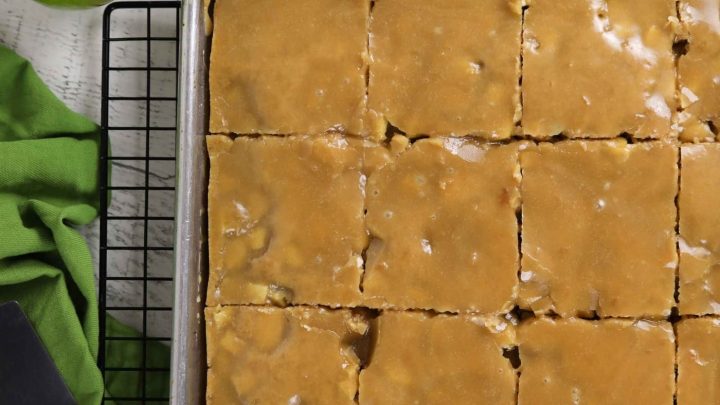 Vegan Peach Sheet Cake with Brown Sugar Frosting - Nora Cooks