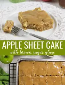 This easy apple sheet cake is made with fresh apples + apple butter for maximum apple flavor. It's soft, velvety, moist, full of cinnamon, and topped with a brown sugar glaze. A great fall dessert that serves a crowd.