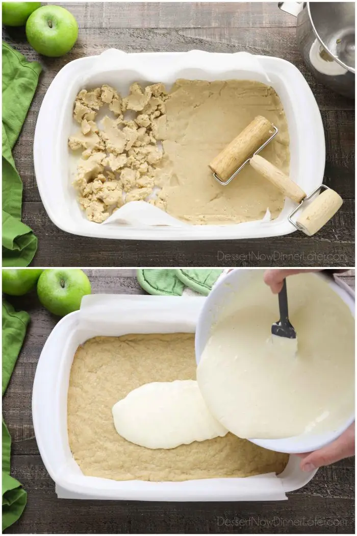 Collage Photo. Rolling crust into pan (top). Pouring cheesecake onto cooked crust (bottom).
