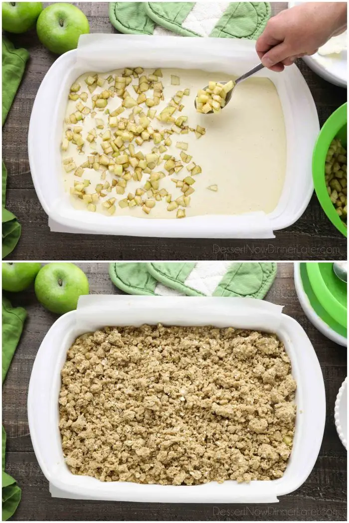Collage photo. Dolloping diced apples with a spoon into cheesecake batter (top). Streusel topping (bottom).