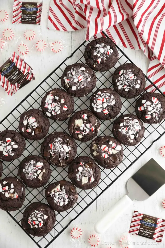 Cooling rack full of chocolate peppermint cookies.