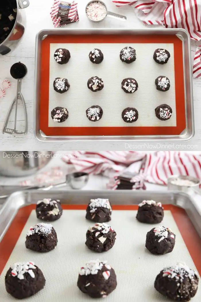 Collage Image: Top view of chocolate peppermint cookie dough on baking tray with crushed peppermint candy on top. (Top image) Side view of prepared chocolate cookie dough balls on tray with crushed peppermint candy cane on top. (Bottom image)