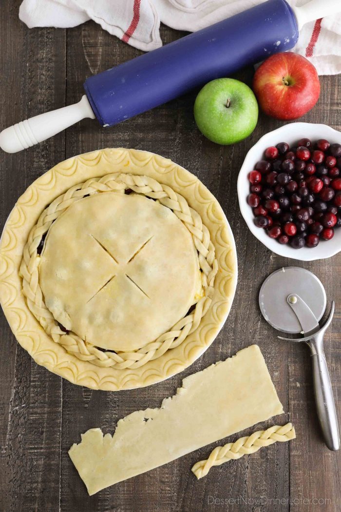 Top crust assembled with braided decoration completed.