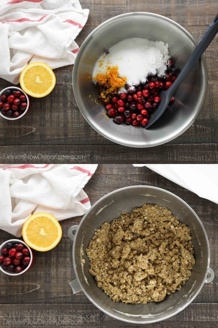 Collage Image: Filling ingredients in a bowl: Fresh cranberries, sugar, cornstarch, orange juice and zest. (Top image) Crumb topping and crust in a mixing bowl. (Bottom image)
