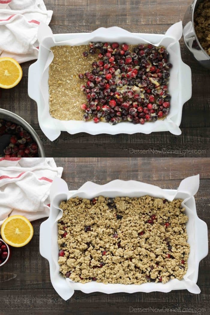 Collage image. Crust pressed on bottom of a 13x9-inch pan with fresh cranberry filling on top. (Top image) Crumbs sprinkled on top of cranberry layer. (Bottom image)