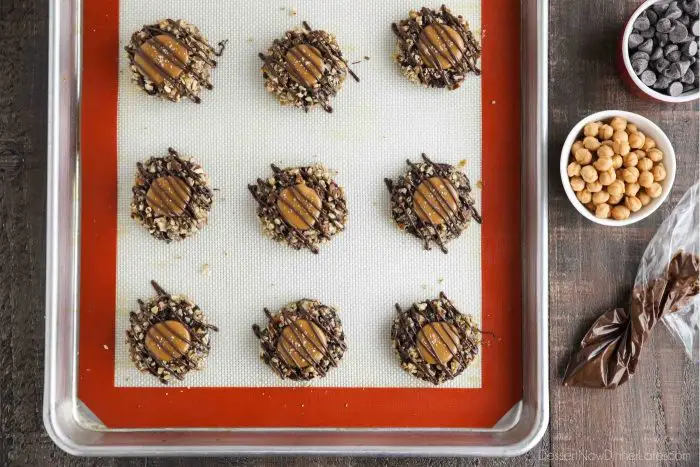 Finished turtle thumbprint cookies on sheet tray.