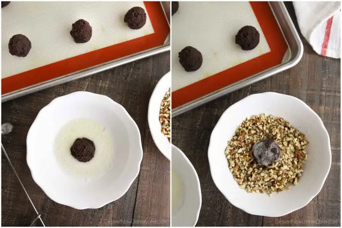 Collage image. Cookie dough ball in bowl of whisked egg whites (left). Cookie coated with egg whites in bowl of chopped pecans (right).