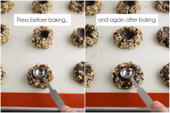 Collage image. Cookies pressed with spoon before baking (left). Cookies pressed with spoon after baking (right).