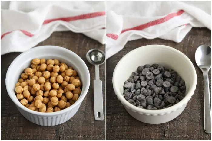 Collage image. Bowl of caramel bits (left). Bowl of chocolate chips (right).