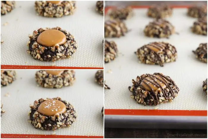 Collage image progression. Cookie with caramel. Cookie with caramel and sea salt. Cookie with caramel, sea salt, and chocolate drizzle.