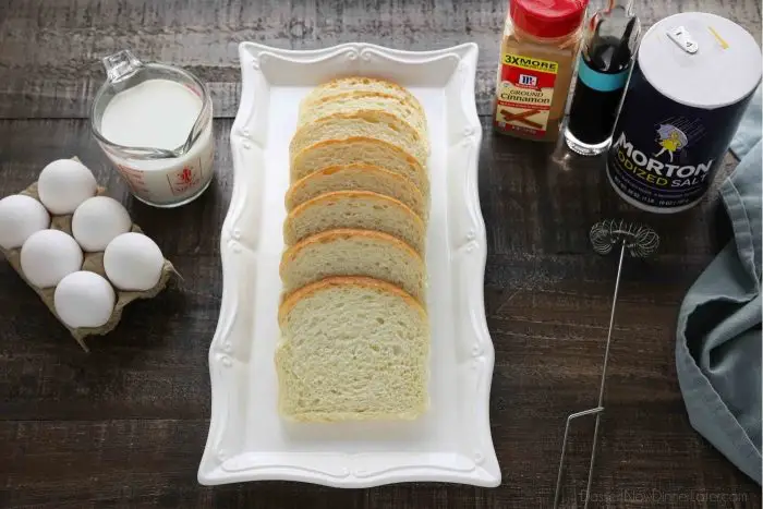 French Toast ingredients: eggs, milk, bread, cinnamon, vanilla, and salt.