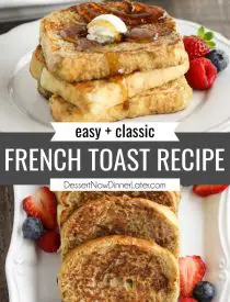 Pinterest collage image for Classic French Toast Recipe with two images and text in the center.