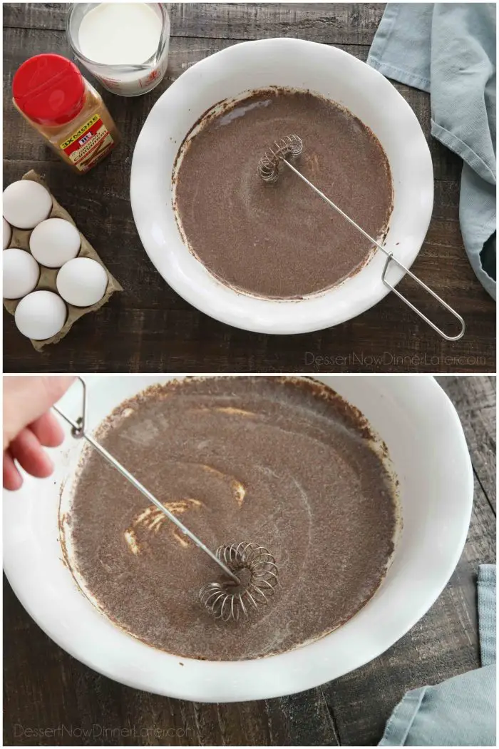 Whisking cinnamon with a little milk to form a paste to prevent clumps of cinnamon in the French toast batter.