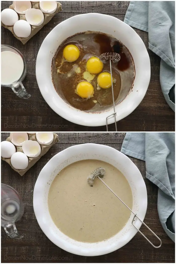 Eggs, vanilla, salt, and the rest of the milk is added to the French toast batter, then whisked smooth.