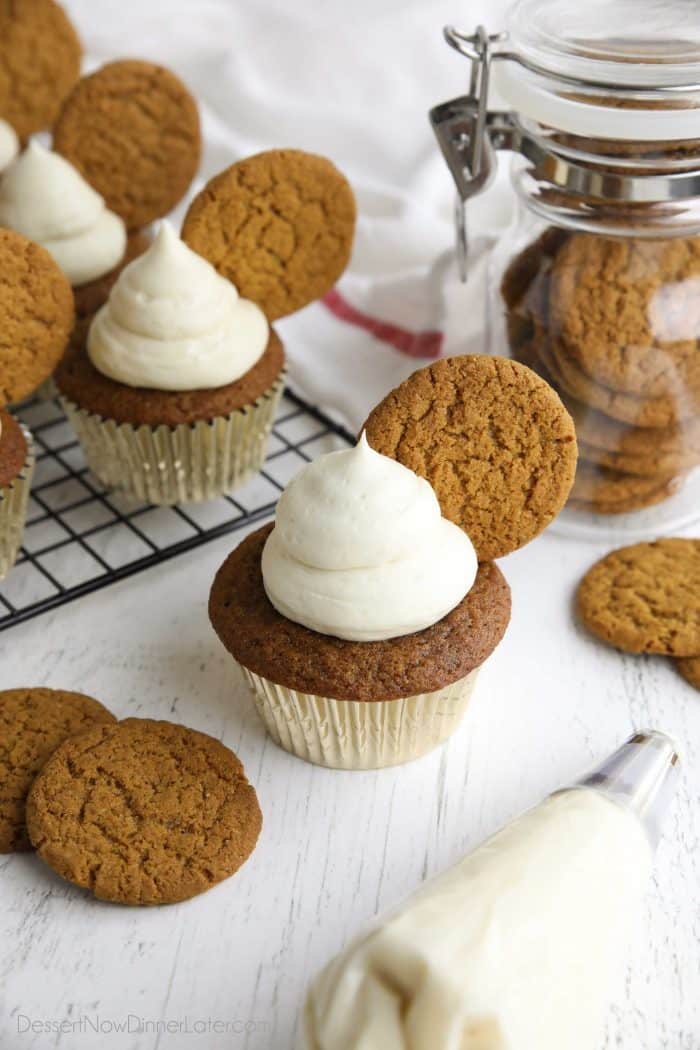Spiced cupcakes with cream cheese frosting and gingersnap cookies.
