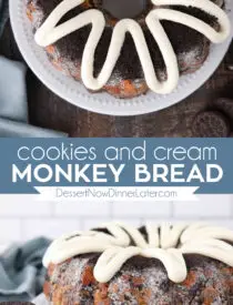 Pinterest collage image for Cookies and Cream Monkey Bread with two images and text in the center.