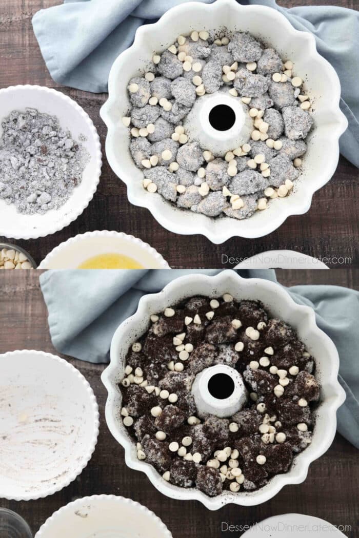 Layering Oreo pudding covered dough pieces into bundt pan with white chocolate chips and crushed cookies.