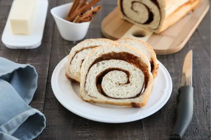 Slices of cinnamon swirl bread on plate.