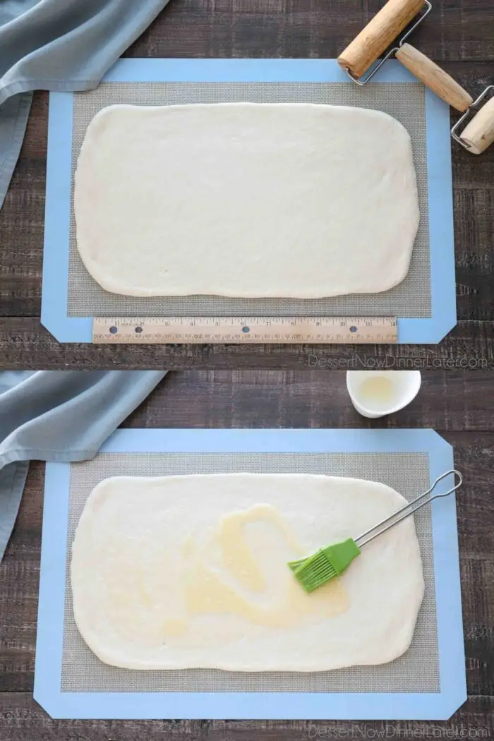 Two-image collage tutorial for Easy Cinnamon Swirl Bread: Loaf of Rhodes bread rolled into a large rectangle (top). Butter being brushed onto dough (bottom).