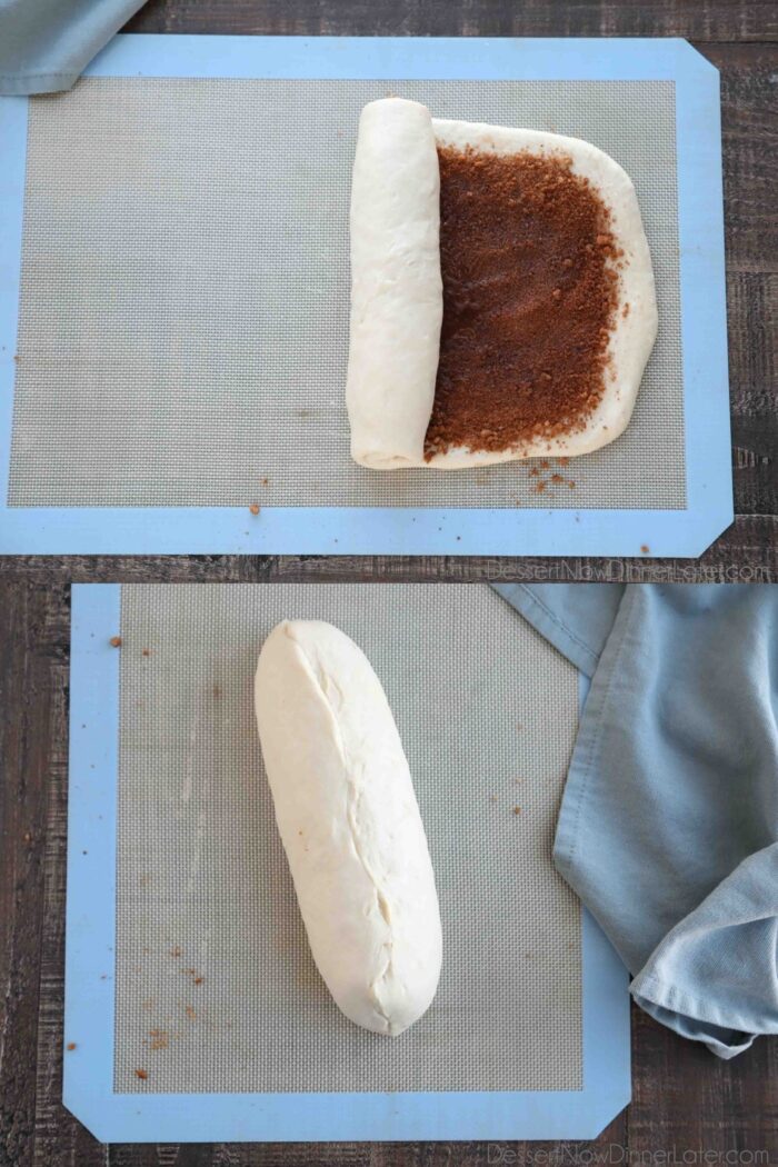Two-image collage tutorial for Easy Cinnamon Swirl Bread: Loaf being rolled up into a log (top). Seams of bread pinched shut (bottom).
