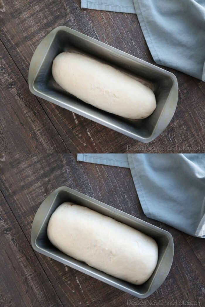 Two-image collage tutorial for Easy Cinnamon Swirl Bread: Loaf placed seam side down into greased bread pan (top). Bread proofed and ready for the oven (bottom).