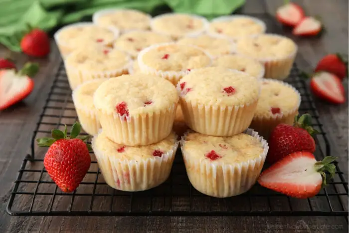 Fresh strawberry cupcakes have a fluffy vanilla cake with chunks of real strawberries.