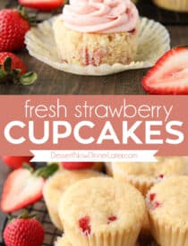 Pinterest collage image for Fresh Strawberry Cupcakes with two images and text in the center.