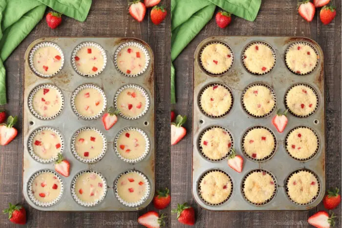 Before and after baking strawberry cupcakes in the tin.